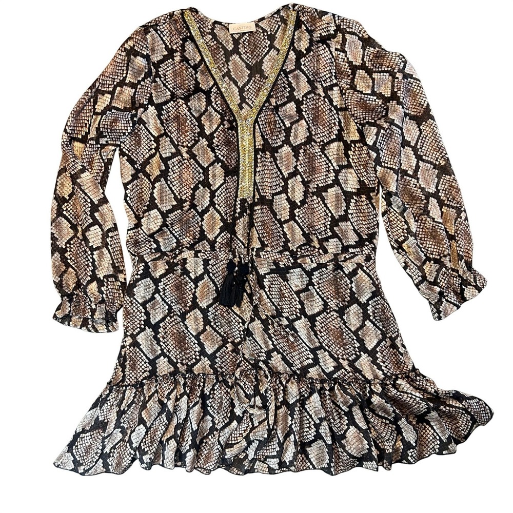 Casting France Snakeskin Print Mini Dress L Beaded V-Neck Mob Wife Indie Sleaze‎